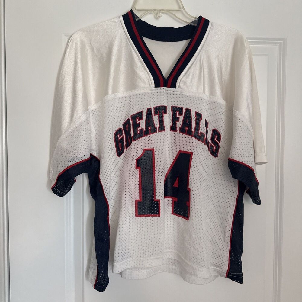 VTG 90s MEDIUM Football Jersey Made USA Great Falls #14 White Mesh Navy Blue Red